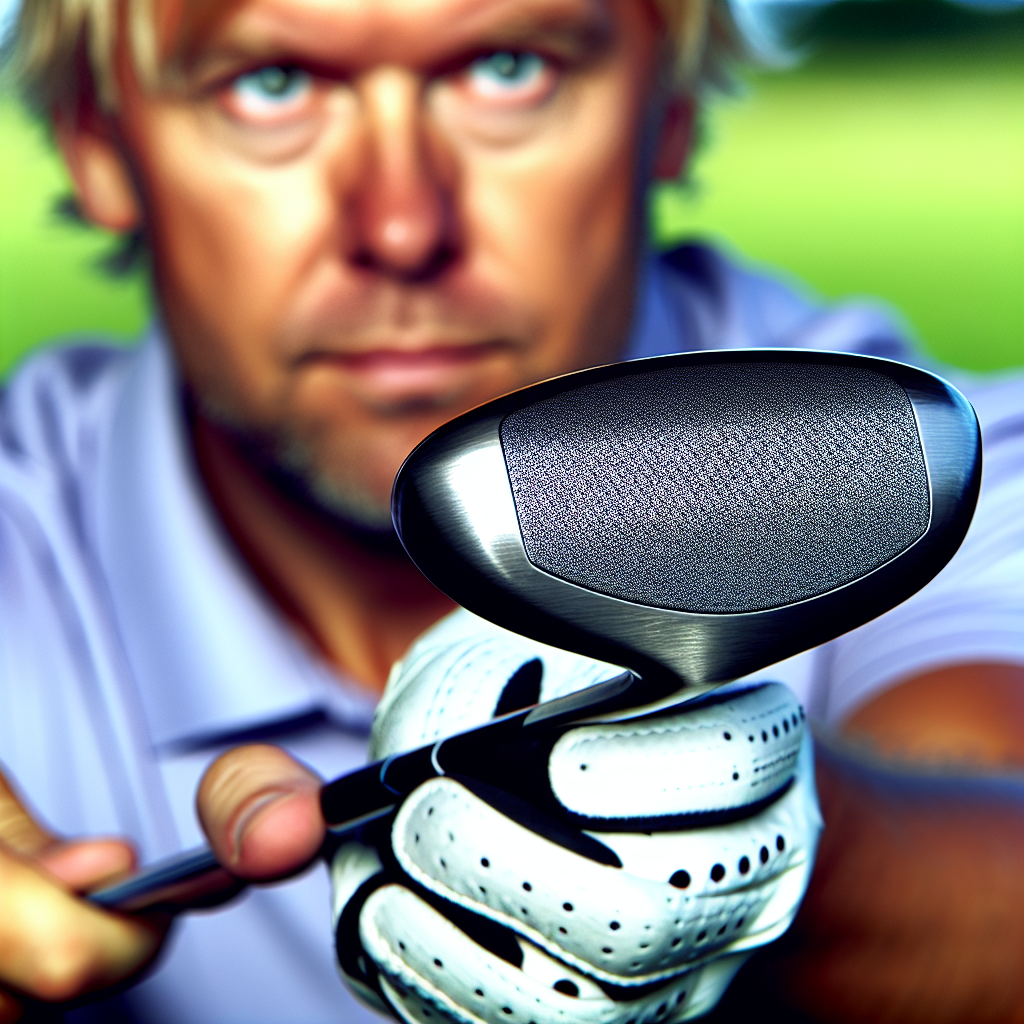 Close-up of a golfer holding a club featuring a gr